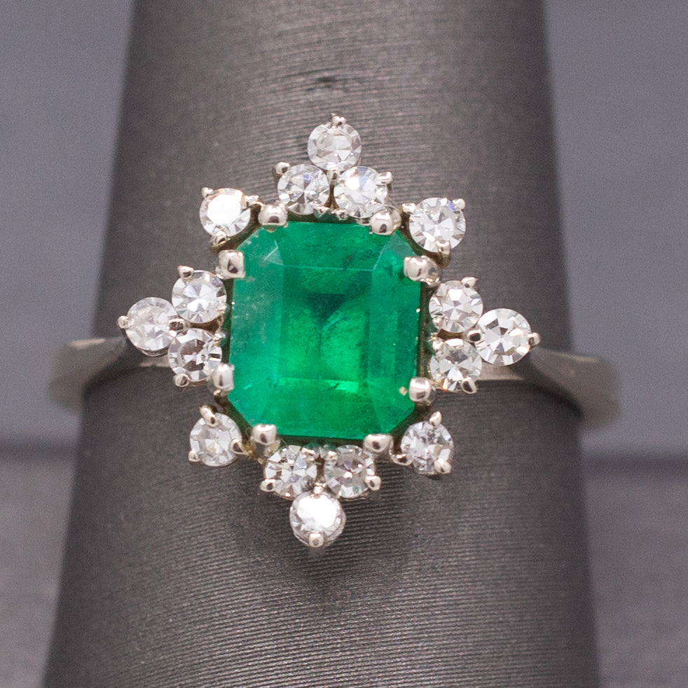 Fine Vintage Emerald Cut Natural Emerald and Diamond Ring in 14k White Gold