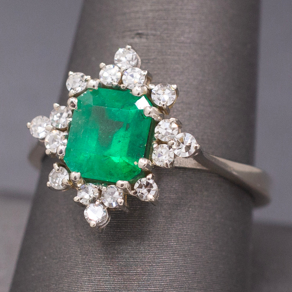 Fine Vintage Emerald Cut Natural Emerald and Diamond Ring in 14k White Gold