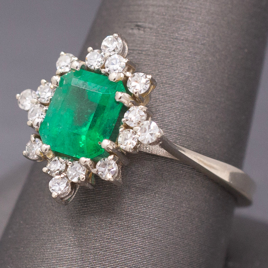 Fine Vintage Emerald Cut Natural Emerald and Diamond Ring in 14k White Gold