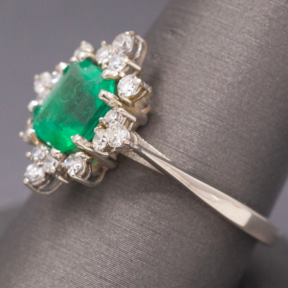 Fine Vintage Emerald Cut Natural Emerald and Diamond Ring in 14k White Gold