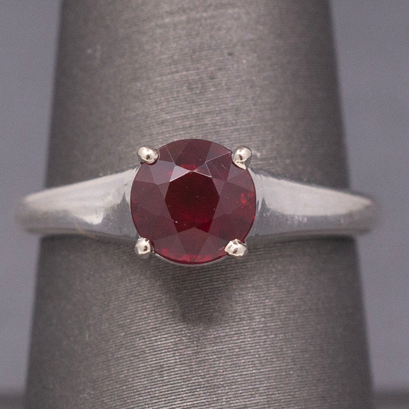 Classic Vintage Natural Deep Red Ruby Solitaire Ring in 14k White Gold