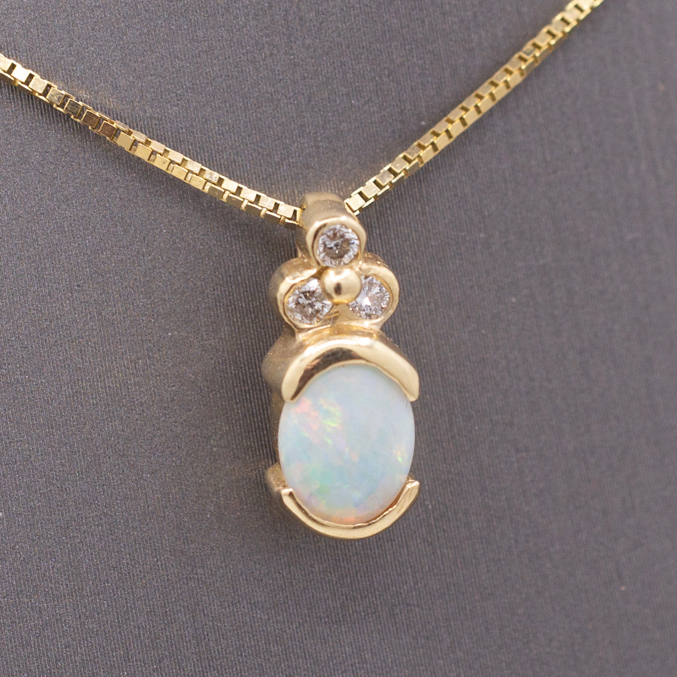 Vintage Petite Opal and Diamond Pendant Necklace in 14k Yellow Gold