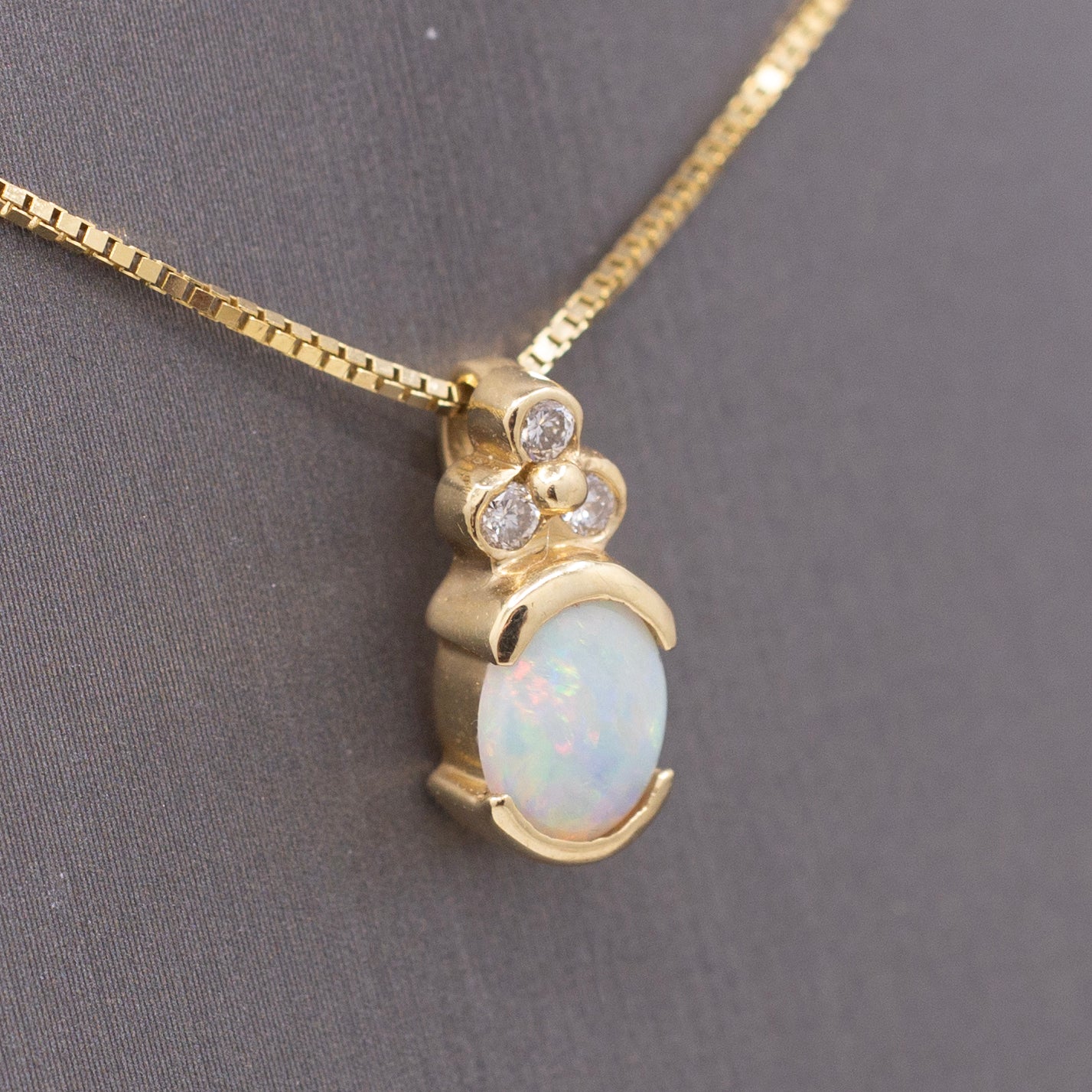 Vintage Petite Opal and Diamond Pendant Necklace in 14k Yellow Gold