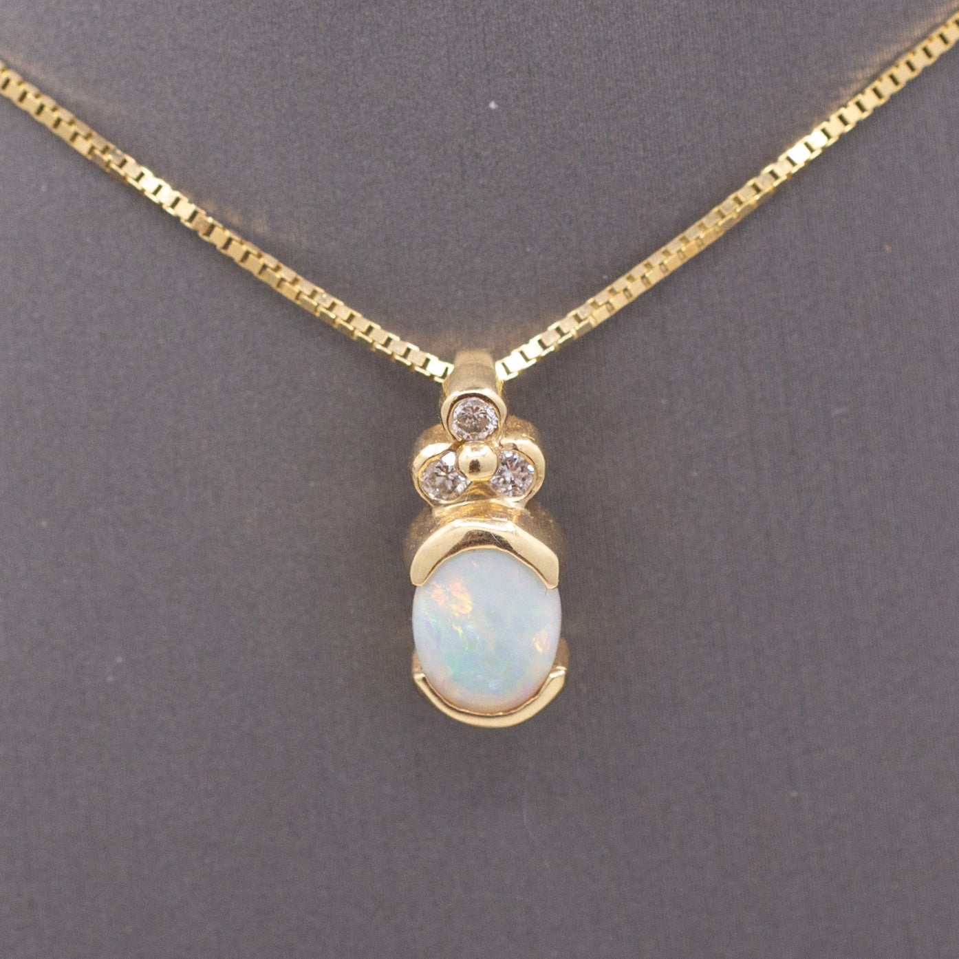 Vintage Petite Opal and Diamond Pendant Necklace in 14k Yellow Gold