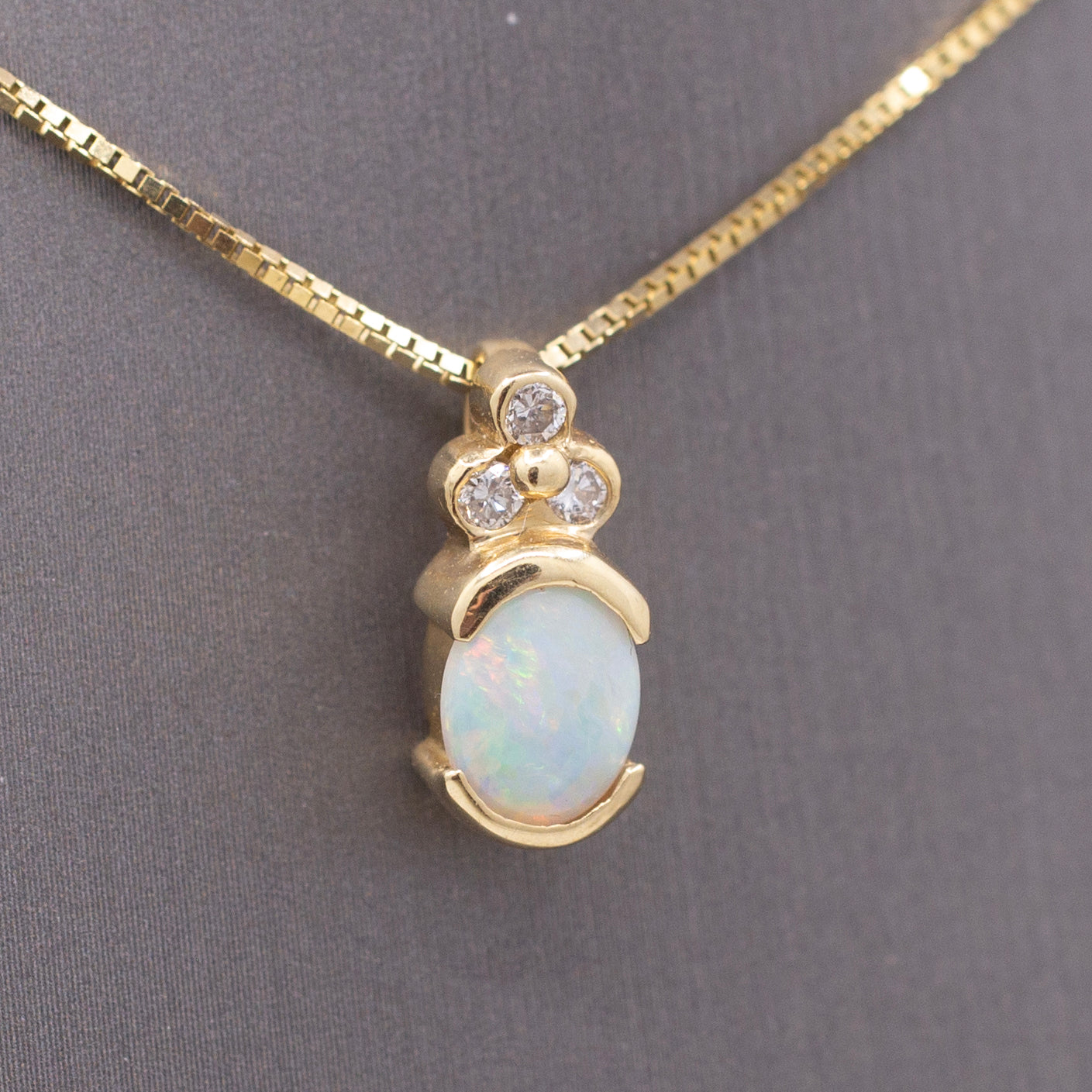 Vintage Petite Opal and Diamond Pendant Necklace in 14k Yellow Gold