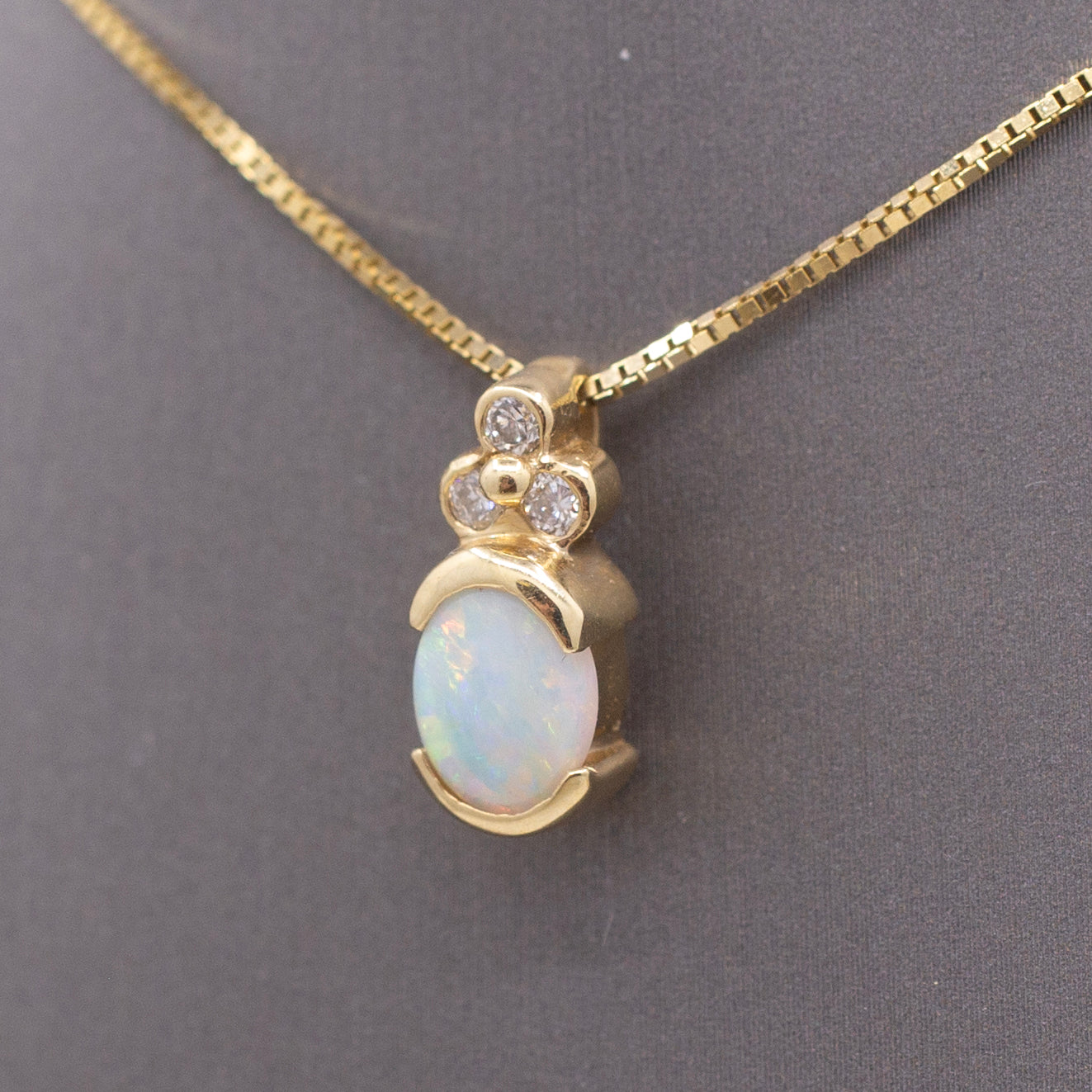 Vintage Petite Opal and Diamond Pendant Necklace in 14k Yellow Gold