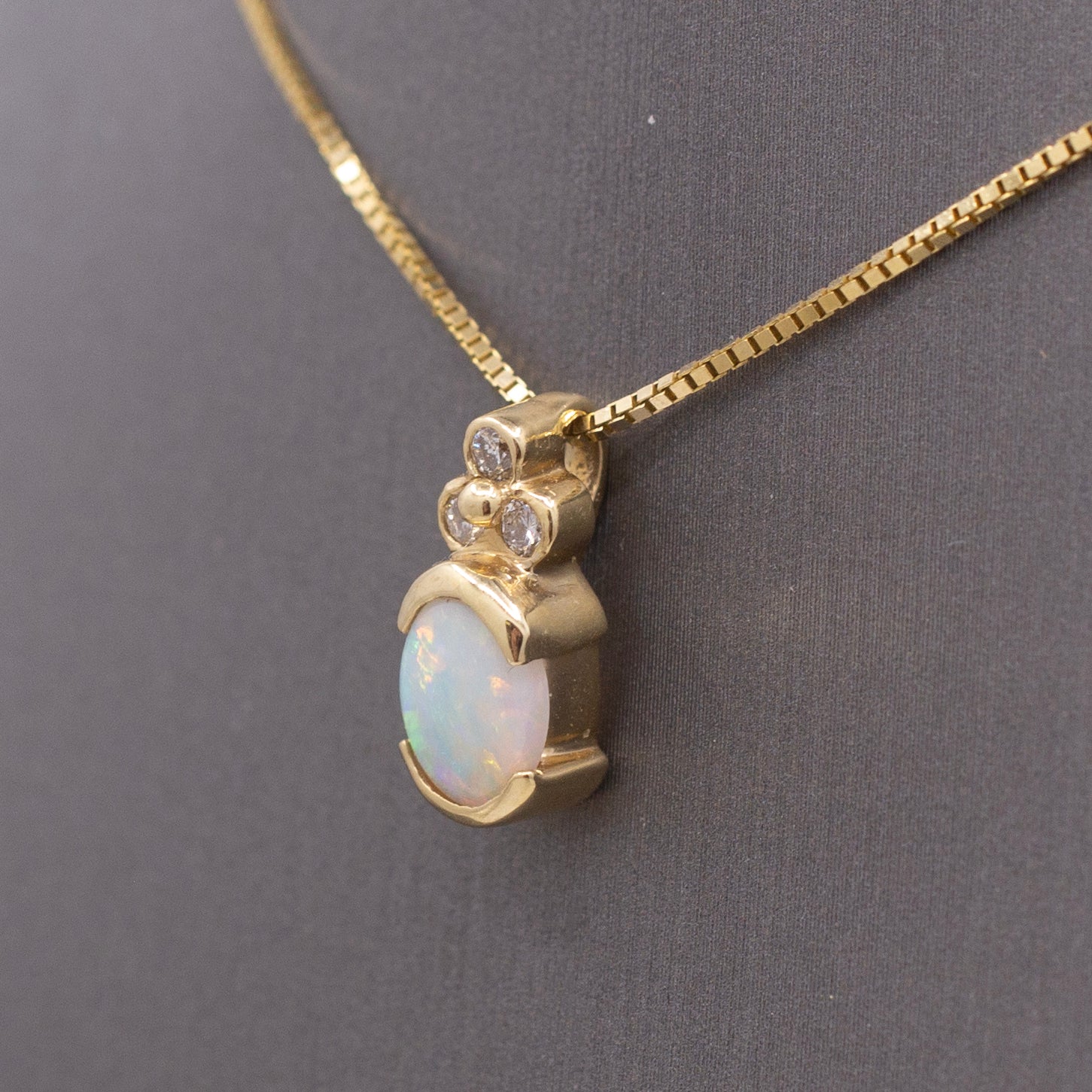 Vintage Petite Opal and Diamond Pendant Necklace in 14k Yellow Gold