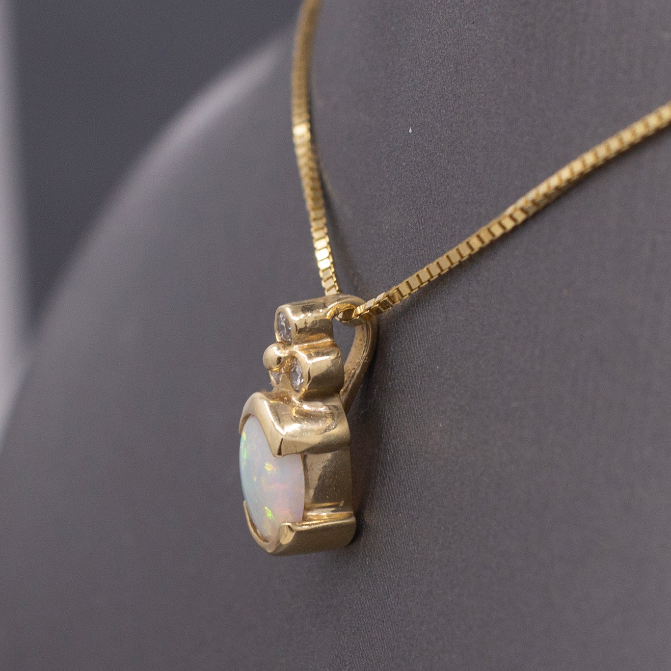 Vintage Petite Opal and Diamond Pendant Necklace in 14k Yellow Gold