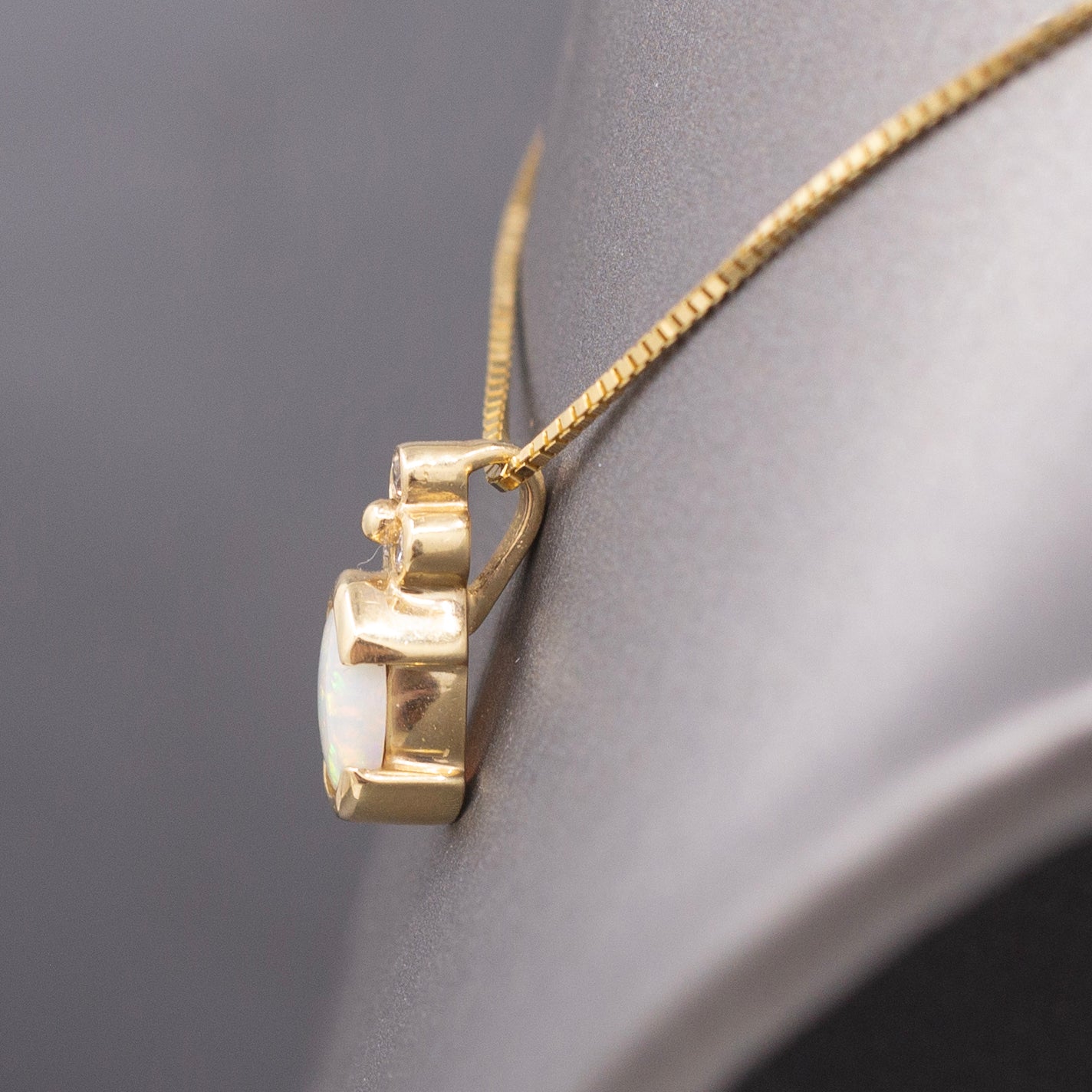 Vintage Petite Opal and Diamond Pendant Necklace in 14k Yellow Gold