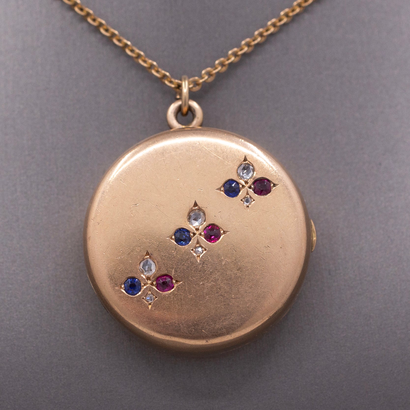 Antique Sapphire Ruby and Diamond Locket Necklace by Shreve & Co. in 14k Rosy Gold