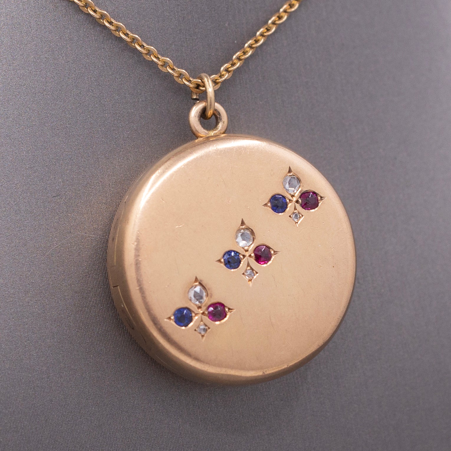 Antique Sapphire Ruby and Diamond Locket Necklace by Shreve & Co. in 14k Rosy Gold