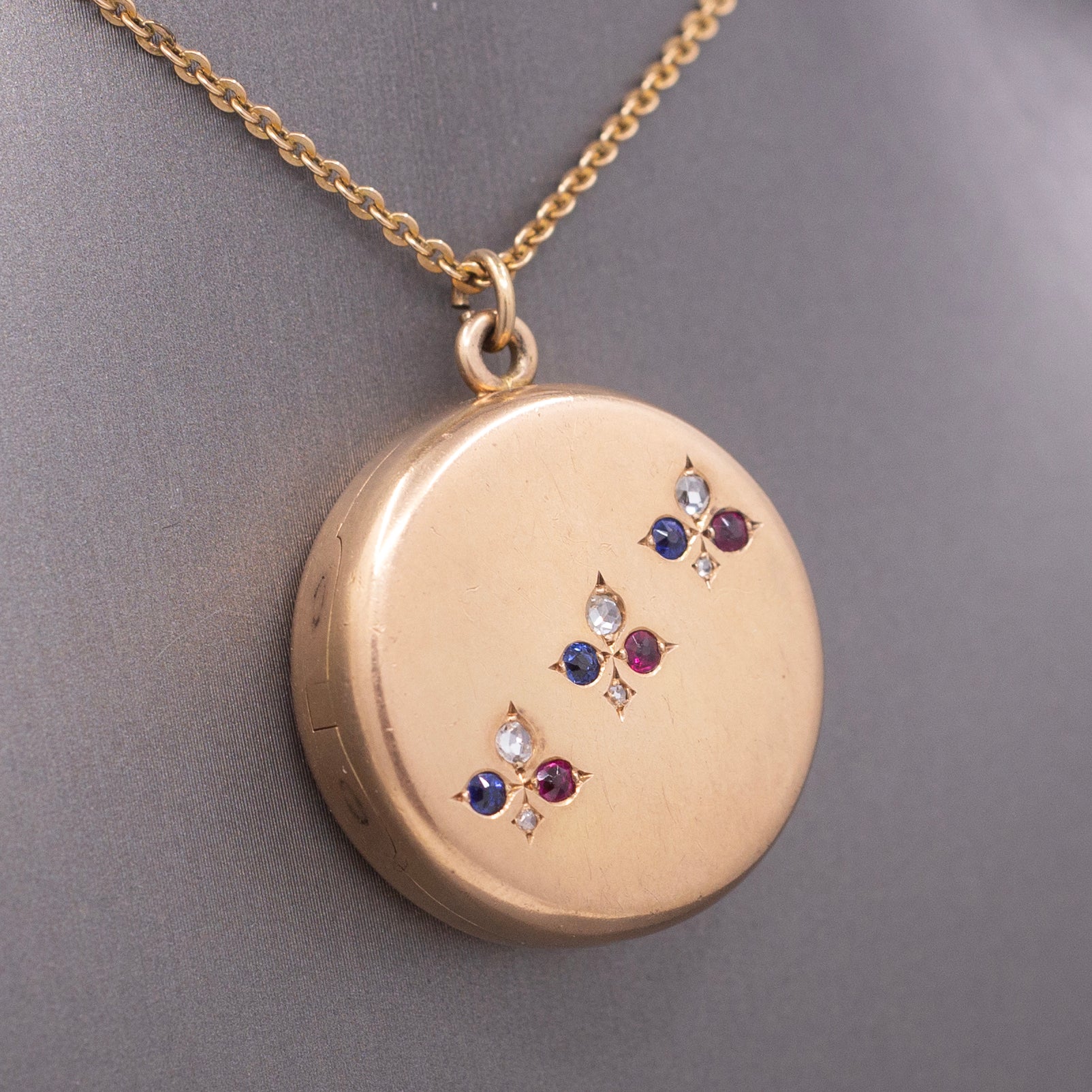 Antique Sapphire Ruby and Diamond Locket Necklace by Shreve & Co. in 14k Rosy Gold