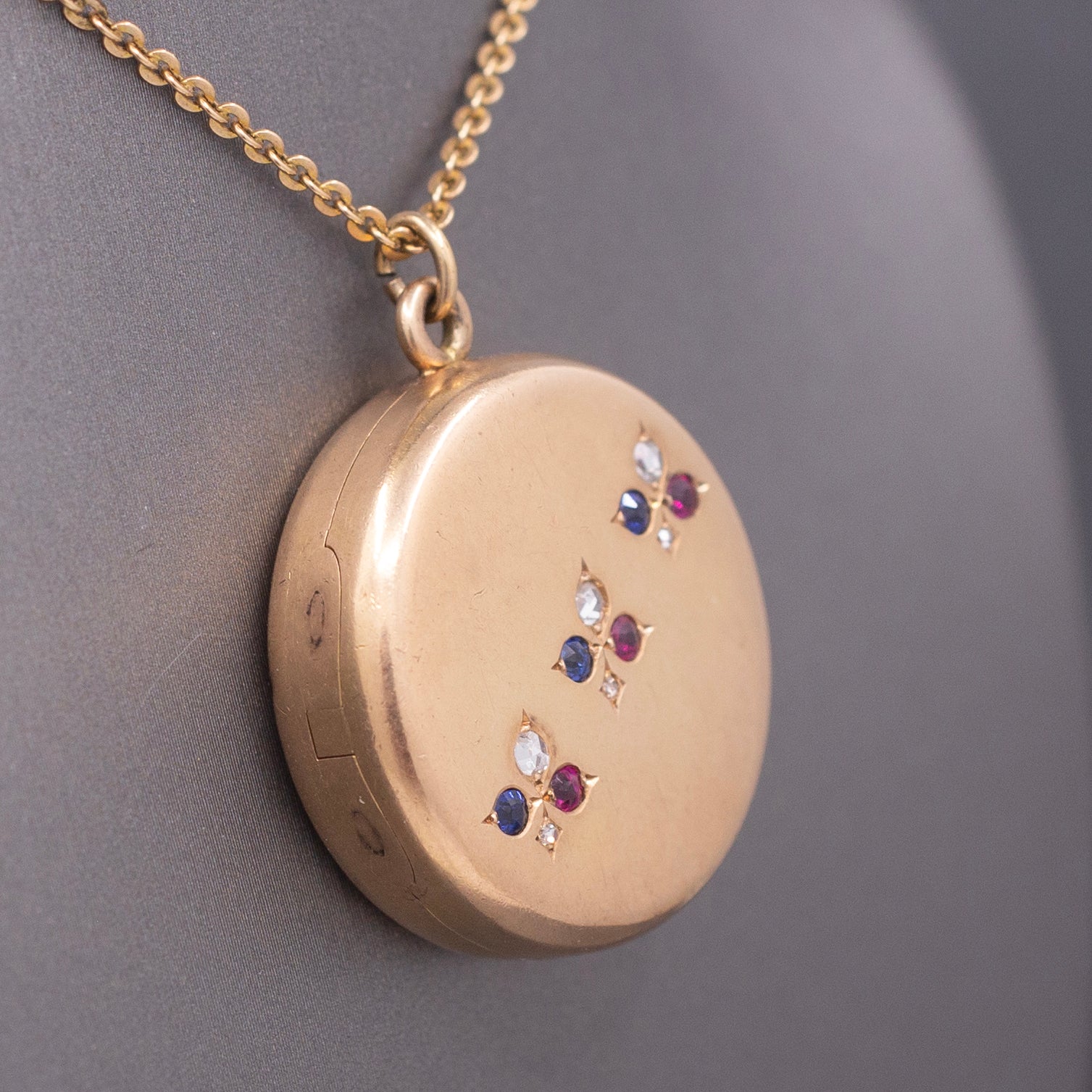 Antique Sapphire Ruby and Diamond Locket Necklace by Shreve & Co. in 14k Rosy Gold
