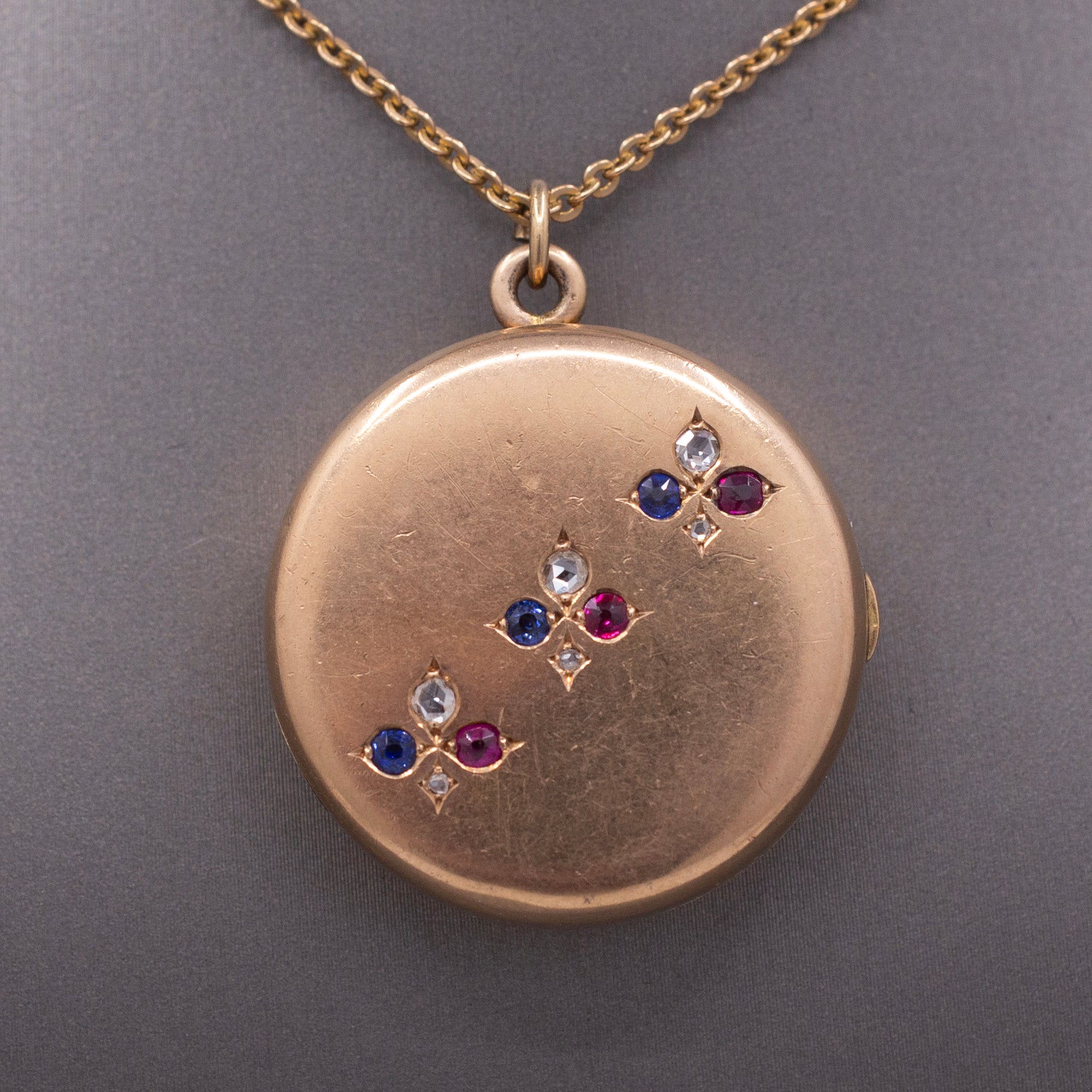 Antique Sapphire Ruby and Diamond Locket Necklace by Shreve & Co. in 14k Rosy Gold