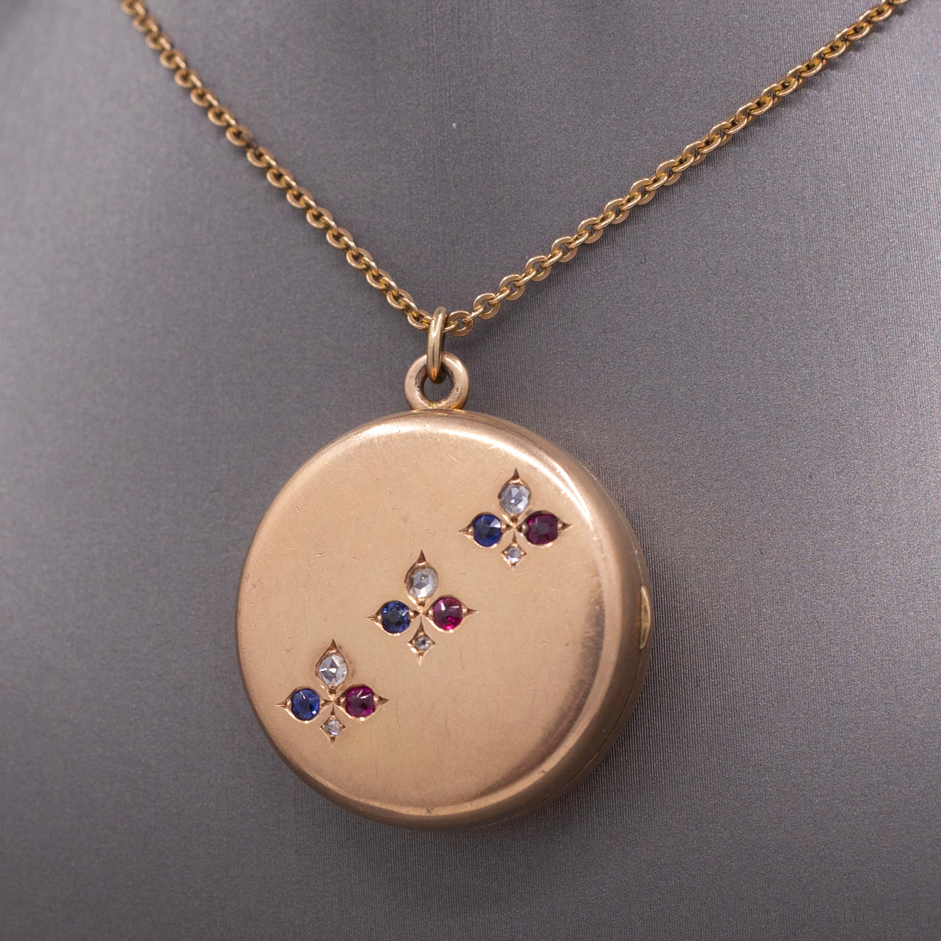 Antique Sapphire Ruby and Diamond Locket Necklace by Shreve & Co. in 14k Rosy Gold