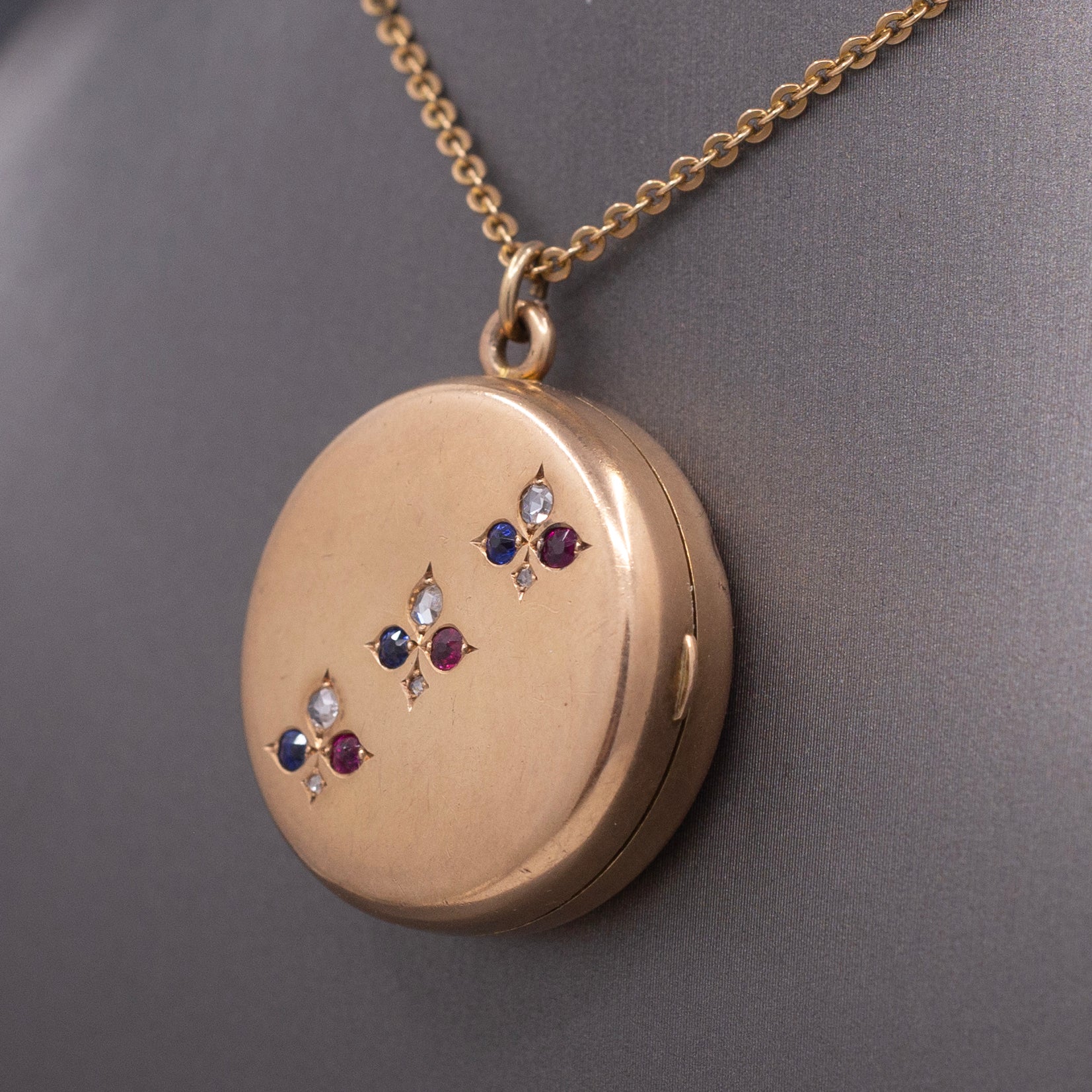 Antique Sapphire Ruby and Diamond Locket Necklace by Shreve & Co. in 14k Rosy Gold