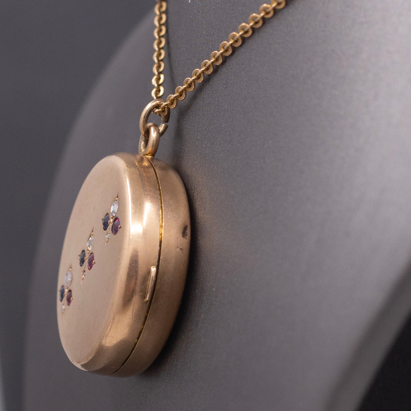 Antique Sapphire Ruby and Diamond Locket Necklace by Shreve & Co. in 14k Rosy Gold