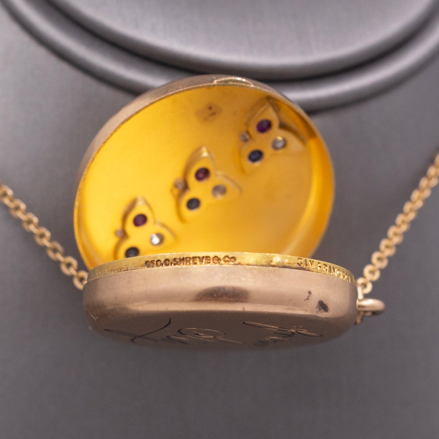 Antique Sapphire Ruby and Diamond Locket Necklace by Shreve & Co. in 14k Rosy Gold
