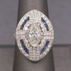 Incredible Art Deco Style Natural Marquise Diamond and Sapphire Ring in Platinum