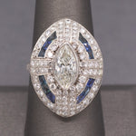 Incredible Art Deco Style Natural Marquise Diamond and Sapphire Ring in Platinum