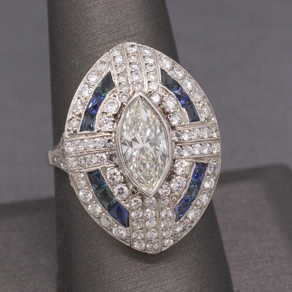 Incredible Art Deco Style Natural Marquise Diamond and Sapphire Ring in Platinum