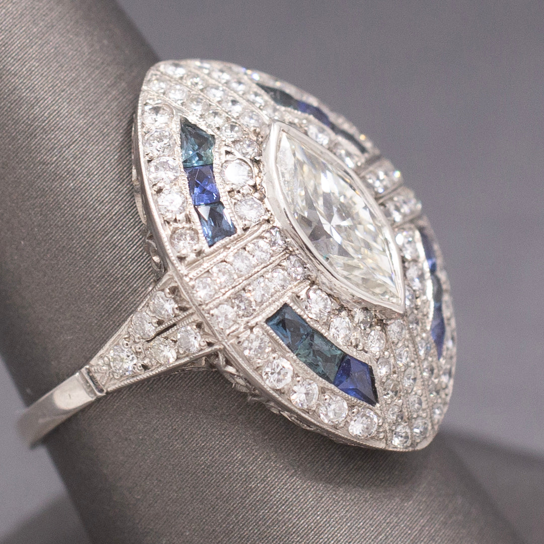 Incredible Art Deco Style Natural Marquise Diamond and Sapphire Ring in Platinum