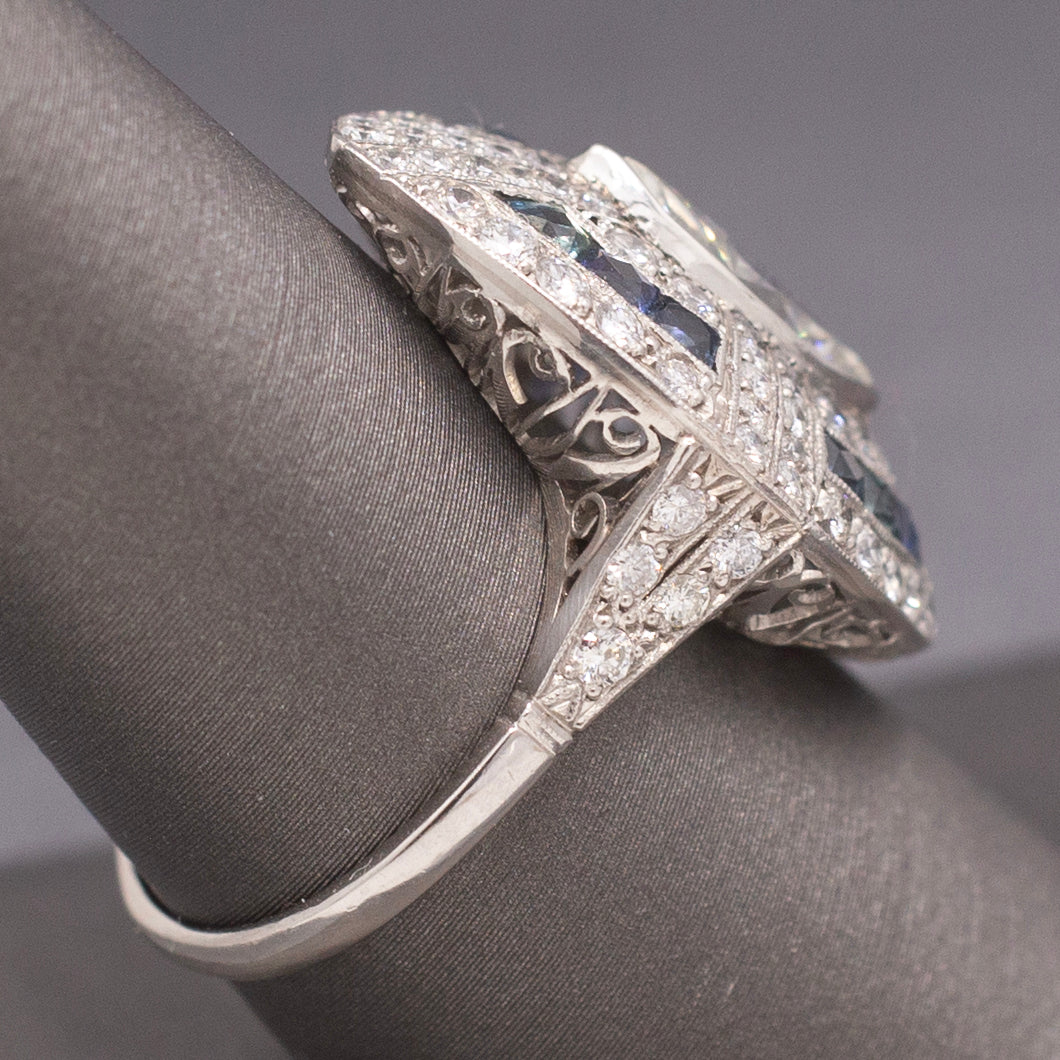 Incredible Art Deco Style Natural Marquise Diamond and Sapphire Ring in Platinum