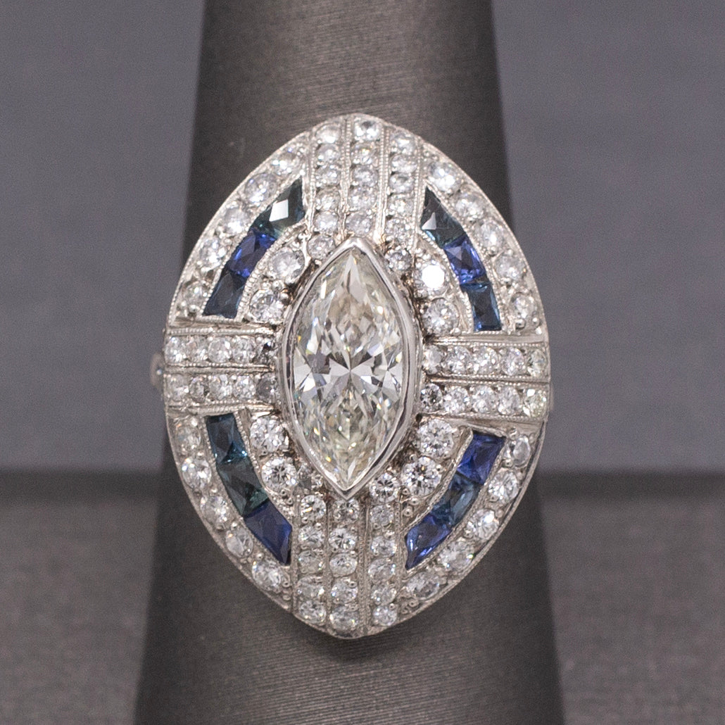 Incredible Art Deco Style Natural Marquise Diamond and Sapphire Ring in Platinum