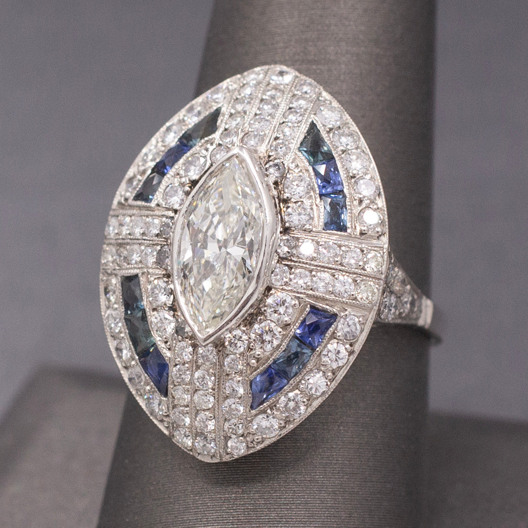 Incredible Art Deco Style Natural Marquise Diamond and Sapphire Ring in Platinum