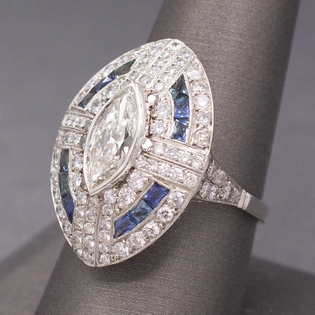 Incredible Art Deco Style Natural Marquise Diamond and Sapphire Ring in Platinum