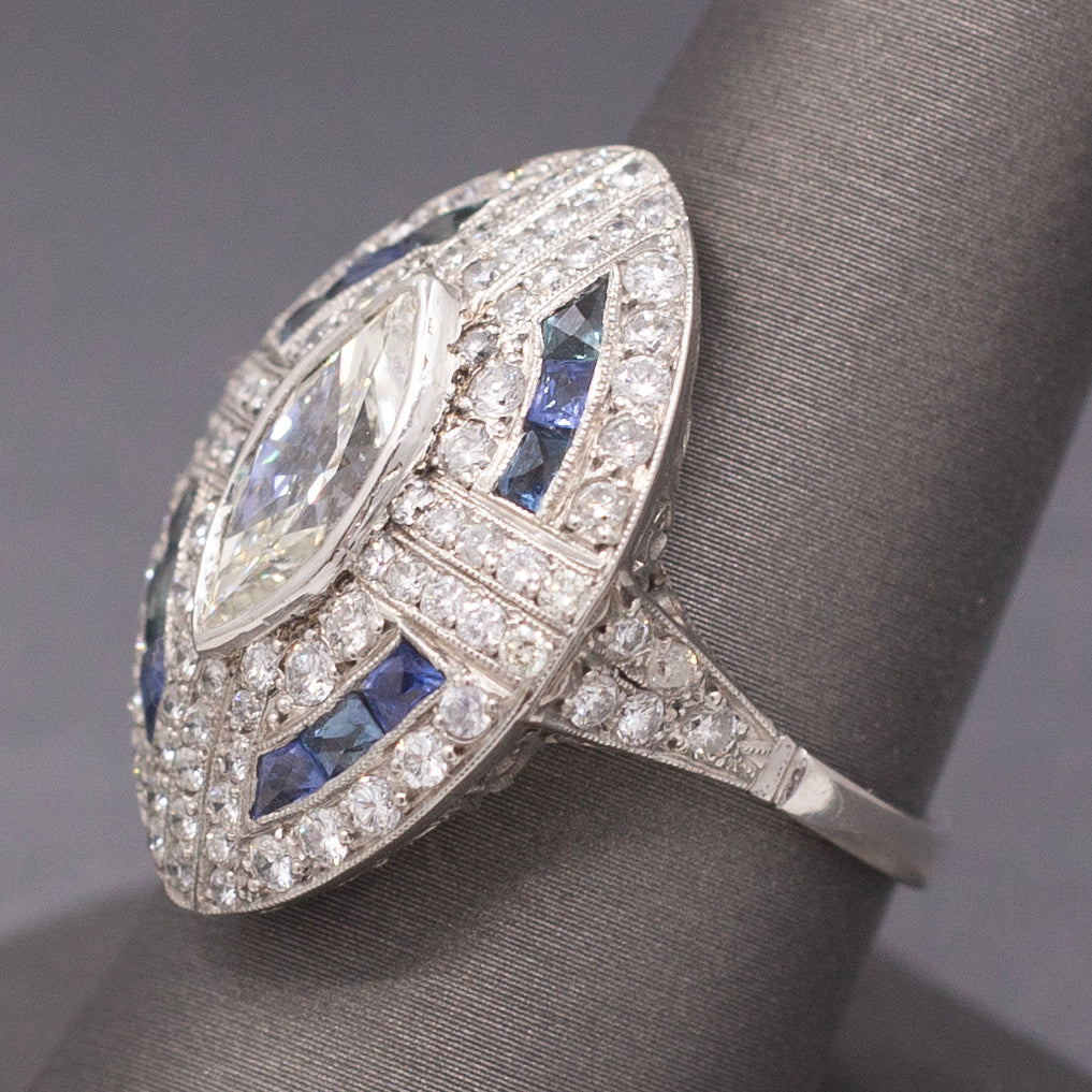 Incredible Art Deco Style Natural Marquise Diamond and Sapphire Ring in Platinum