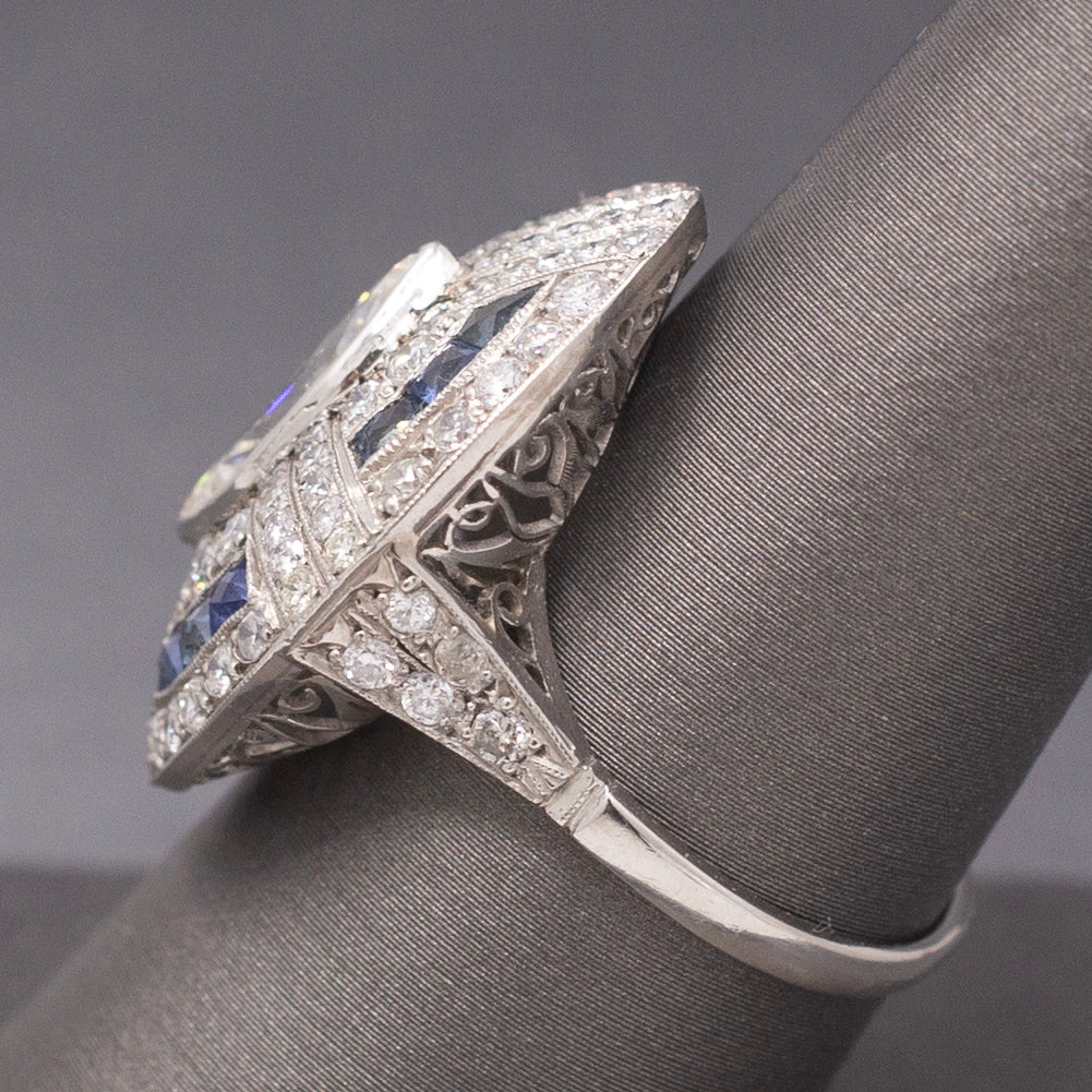 Incredible Art Deco Style Natural Marquise Diamond and Sapphire Ring in Platinum