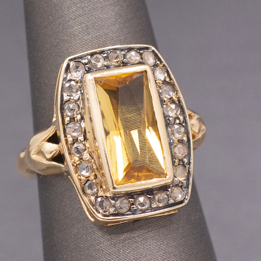 Vintage Elongated Cushion Shaped Ring with Citrine and Rose Cut Diamonds in 14k Yellow Gold