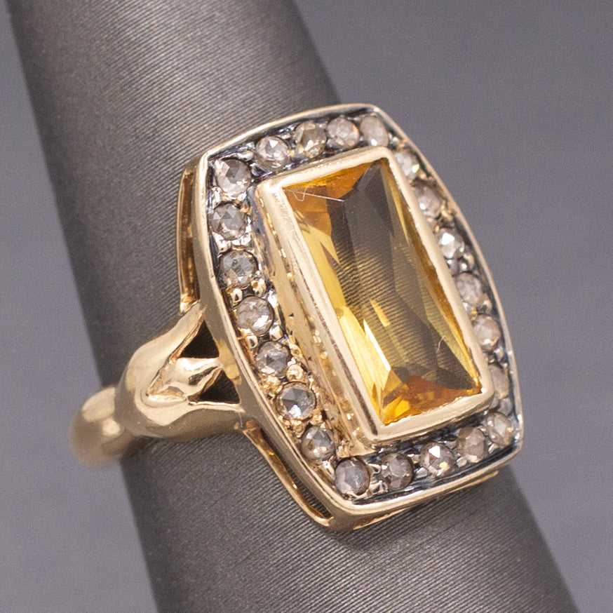 Vintage Elongated Cushion Shaped Ring with Citrine and Rose Cut Diamonds in 14k Yellow Gold