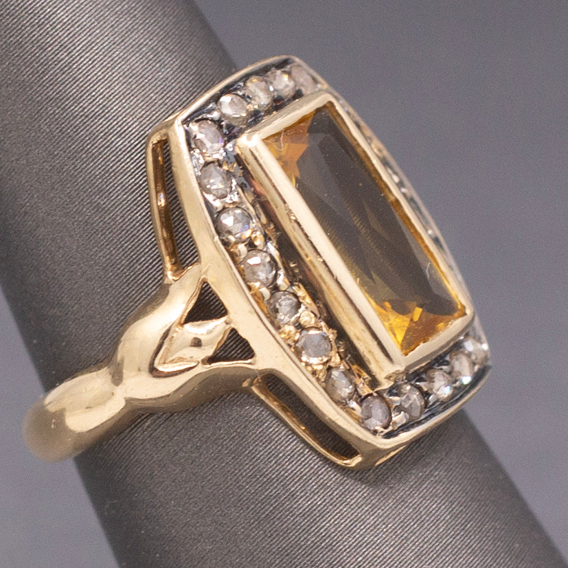 Vintage Elongated Cushion Shaped Ring with Citrine and Rose Cut Diamonds in 14k Yellow Gold