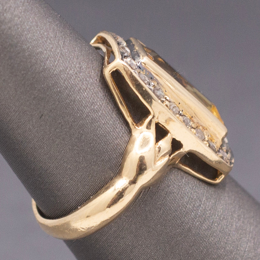 Vintage Elongated Cushion Shaped Ring with Citrine and Rose Cut Diamonds in 14k Yellow Gold