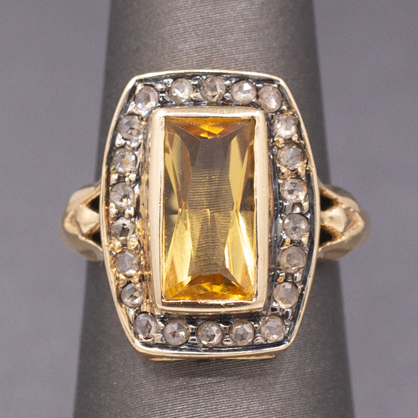 Vintage Elongated Cushion Shaped Ring with Citrine and Rose Cut Diamonds in 14k Yellow Gold