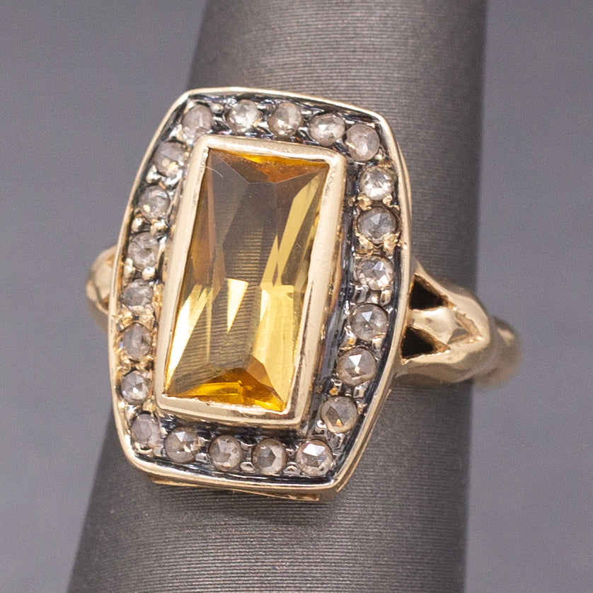 Vintage Elongated Cushion Shaped Ring with Citrine and Rose Cut Diamonds in 14k Yellow Gold