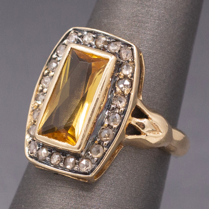 Vintage Elongated Cushion Shaped Ring with Citrine and Rose Cut Diamonds in 14k Yellow Gold