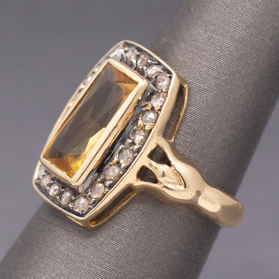 Vintage Elongated Cushion Shaped Ring with Citrine and Rose Cut Diamonds in 14k Yellow Gold