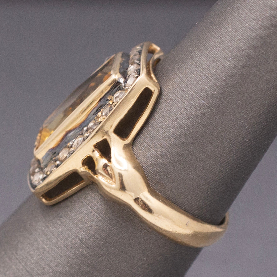 Vintage Elongated Cushion Shaped Ring with Citrine and Rose Cut Diamonds in 14k Yellow Gold