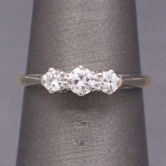 Antique Edwardian Old European Cut Diamond Three Stone Ring in Platinum and 18k Yellow Gold