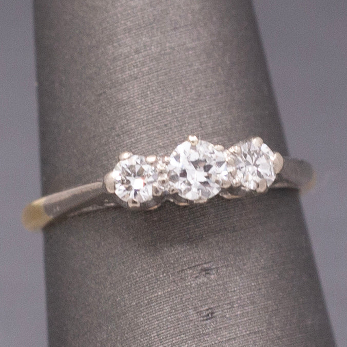 Antique Edwardian Old European Cut Diamond Three Stone Ring in Platinum and 18k Yellow Gold