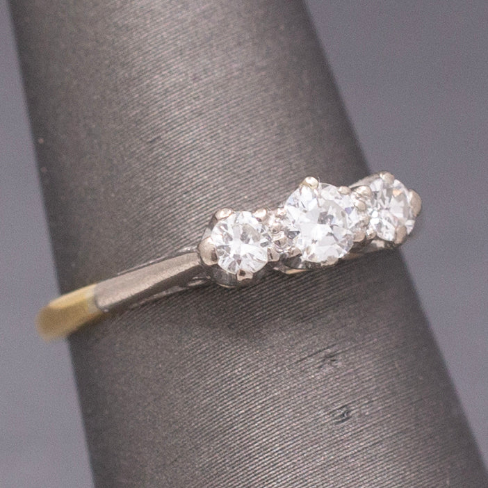 Antique Edwardian Old European Cut Diamond Three Stone Ring in Platinum and 18k Yellow Gold