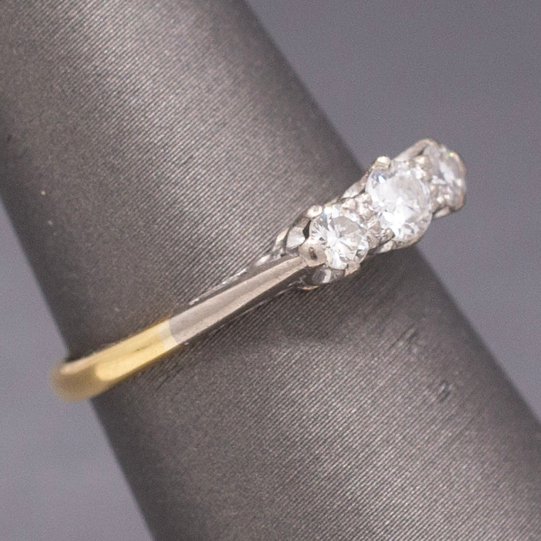 Antique Edwardian Old European Cut Diamond Three Stone Ring in Platinum and 18k Yellow Gold