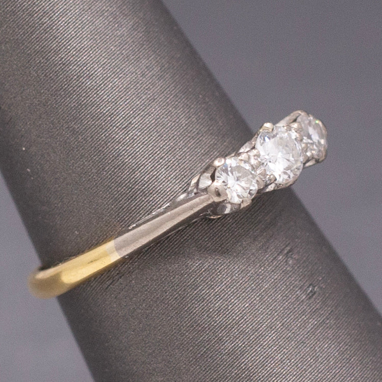 Antique Edwardian Old European Cut Diamond Three Stone Ring in Platinum and 18k Yellow Gold