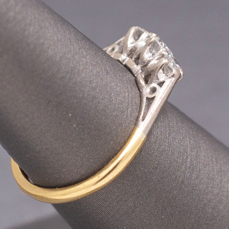 Antique Edwardian Old European Cut Diamond Three Stone Ring in Platinum and 18k Yellow Gold