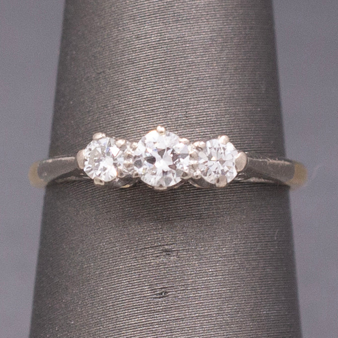 Antique Edwardian Old European Cut Diamond Three Stone Ring in Platinum and 18k Yellow Gold