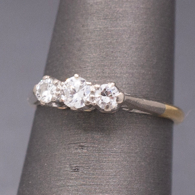 Antique Edwardian Old European Cut Diamond Three Stone Ring in Platinum and 18k Yellow Gold