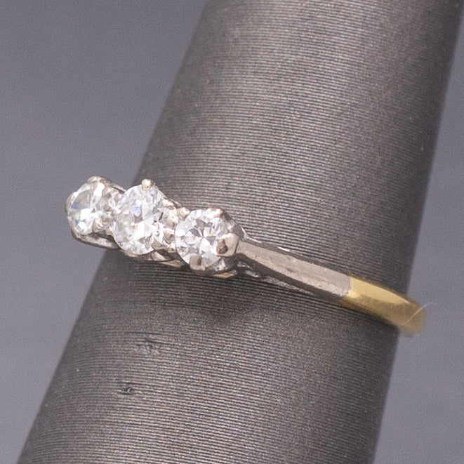 Antique Edwardian Old European Cut Diamond Three Stone Ring in Platinum and 18k Yellow Gold